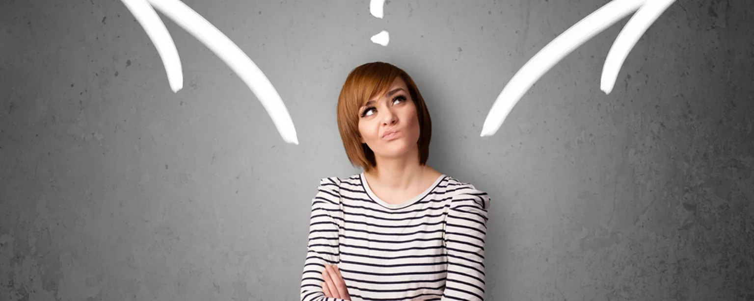 A young professional is surrounded by arrows and question marks as she contemplates multiple job offers