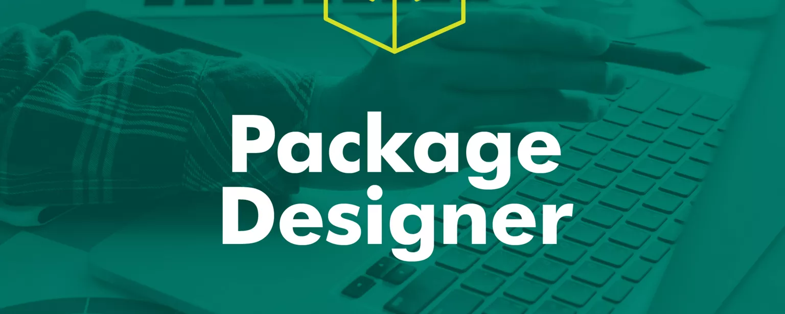 A typographic image reading "Package Designer" underneath a yellow icon of a package.