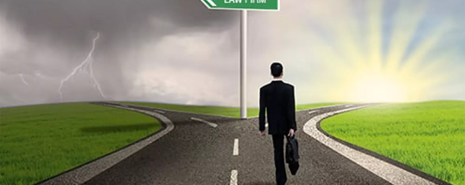 A legal professional at a fork in the road reads signs pointing to Legal Department and Law Firm