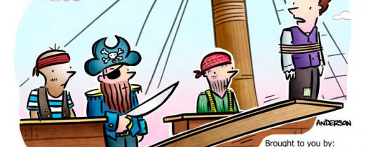 Cartoon of job applicant walking the plank of a pirate ship