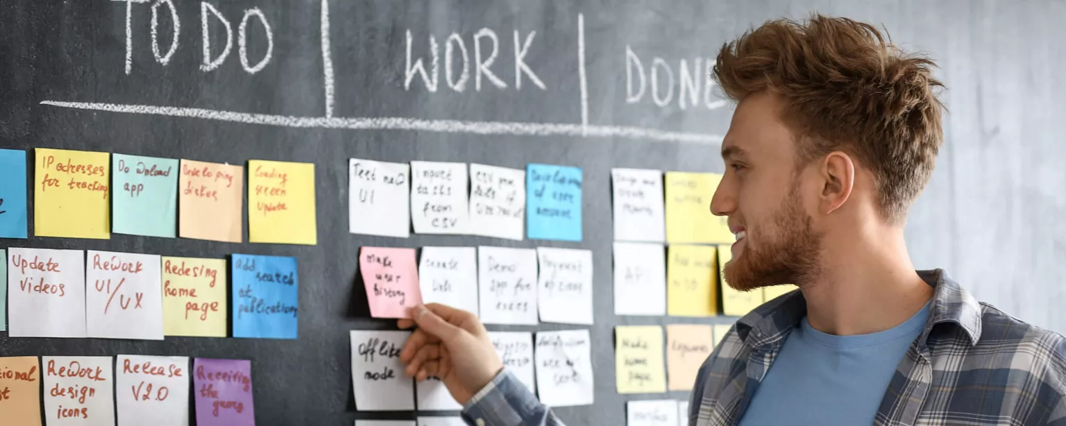A man organizes sticky notes in three columns reading "To Do," "Work," and "Done" on a chalkboard.