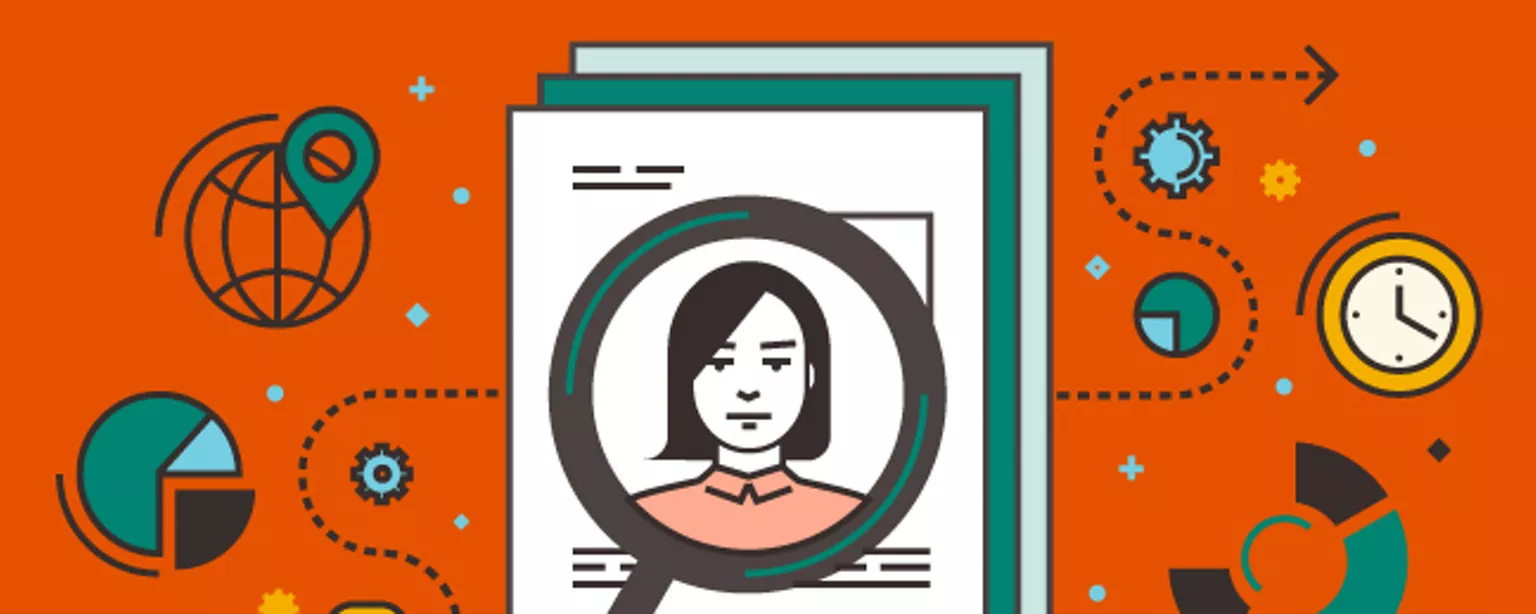 An illustration with a magnifying glass over a woman's face on a resume.
