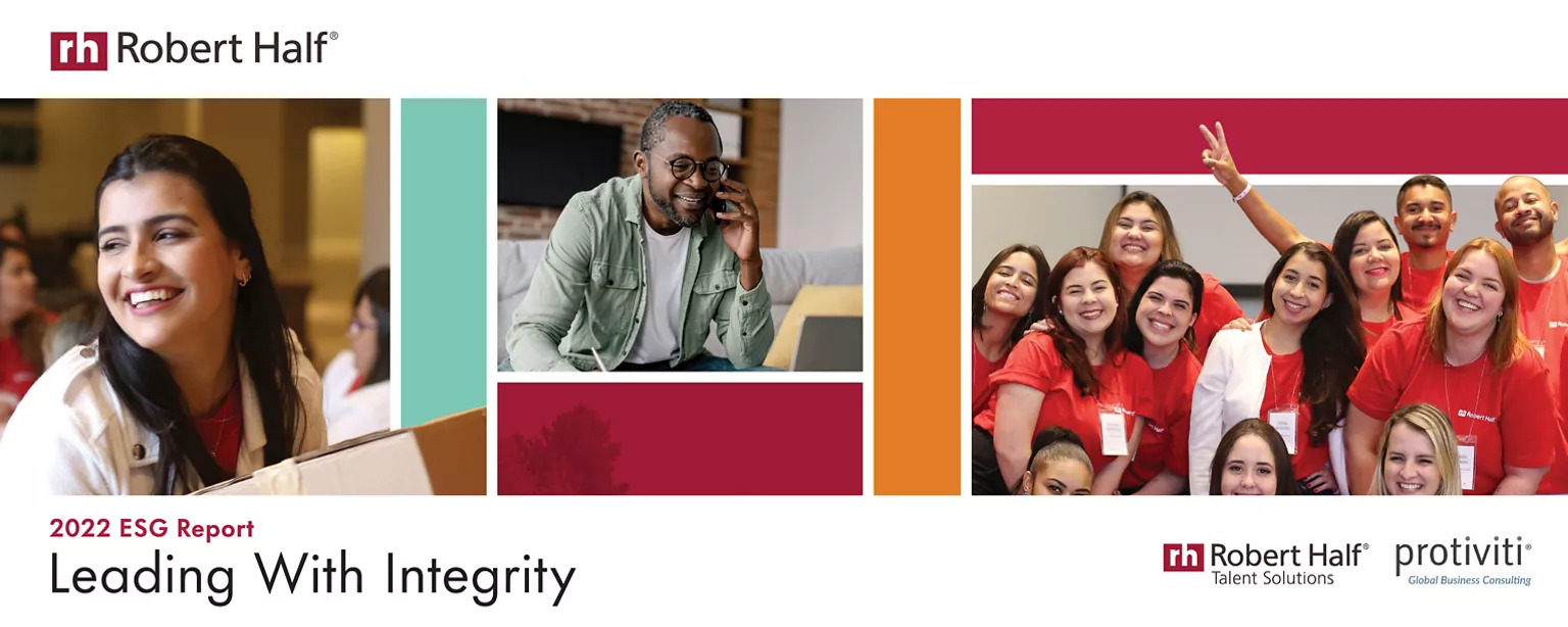 Cover of Robert Half's 2022 ESG Report, Leading With Integrity, showing images of happy employees and Robert Half and Protiviti logos.