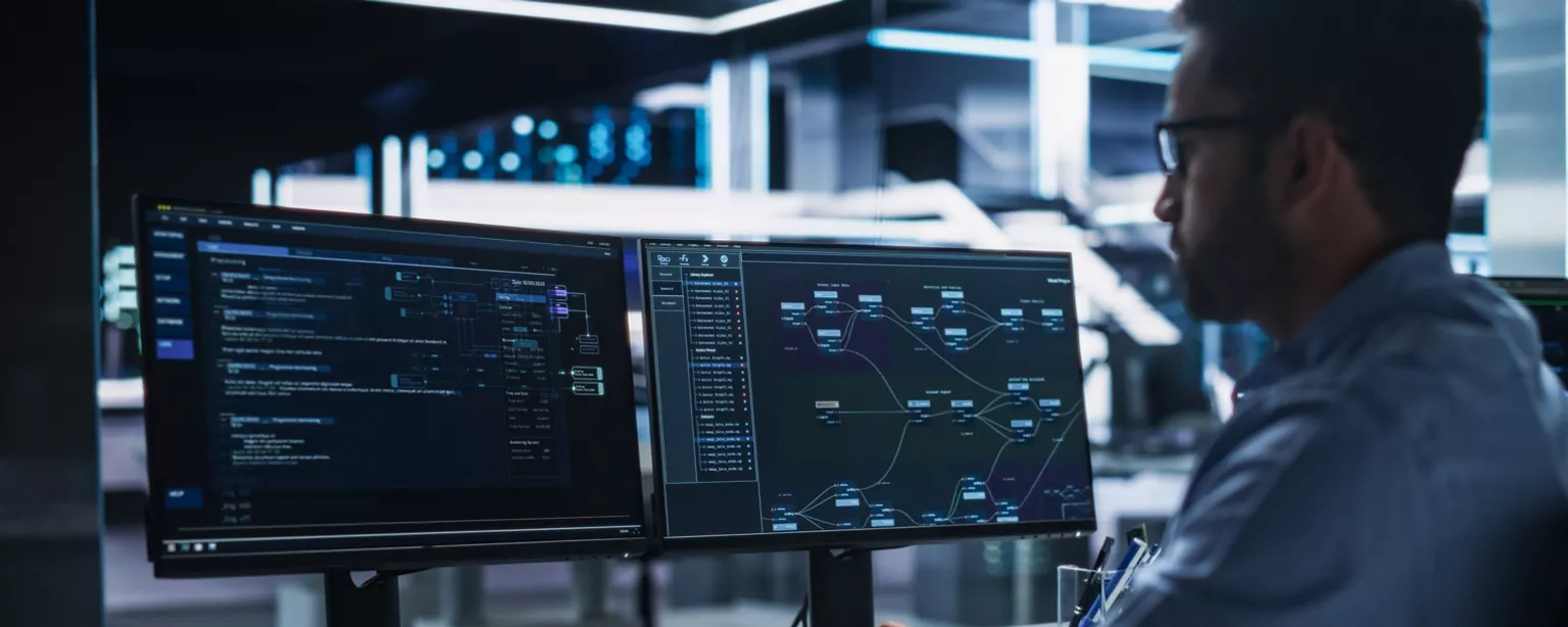 A software engineer works on two computers while looking at a code database to try to solve a development problem.