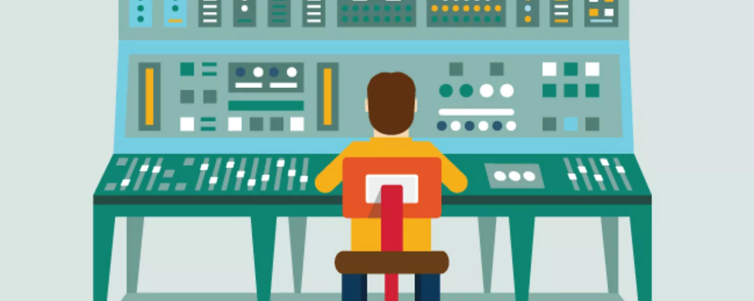Illustration of a database administrator sitting at a large control panel
