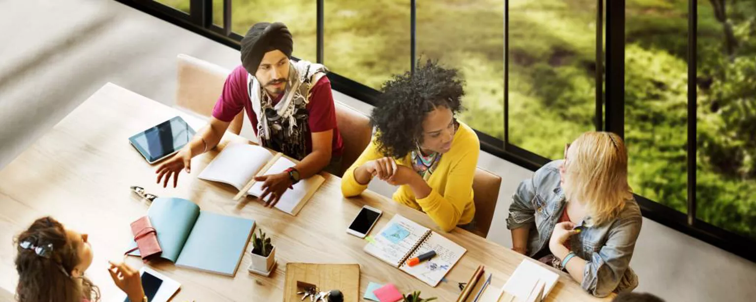 Diverse group of professionals sit around a conference table