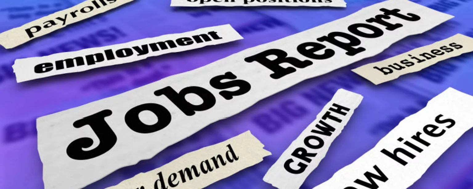 The headline words “jobs report,” “worker demand,” “employment,” “growth,” “business,” “new hires,” “payrolls” and “open positions,” are displayed against a purple background.