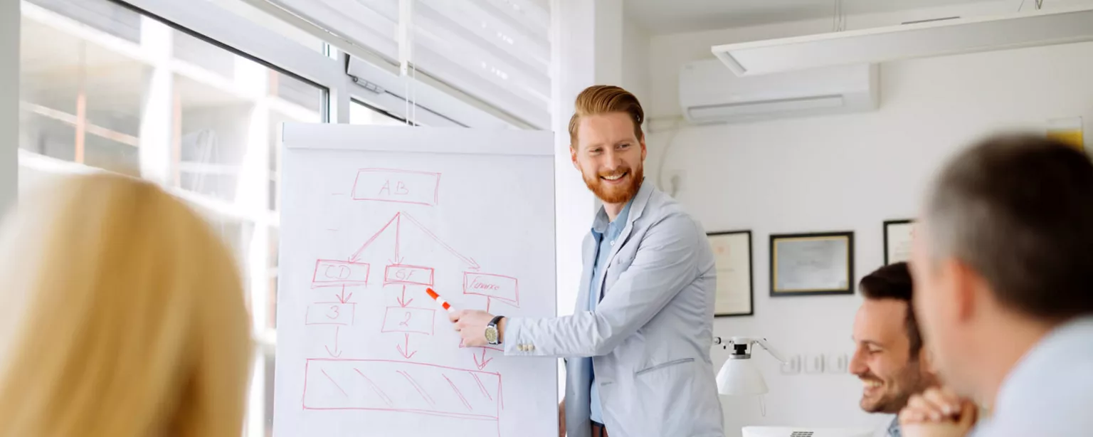 A man in a suit jacket stands at an easel pad while providing training to a group of employees in a conference room.