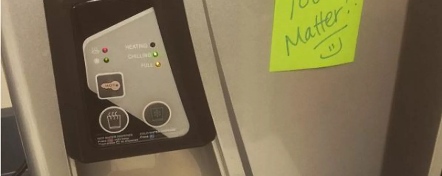 Post-it with "You Matter" on refrigerator