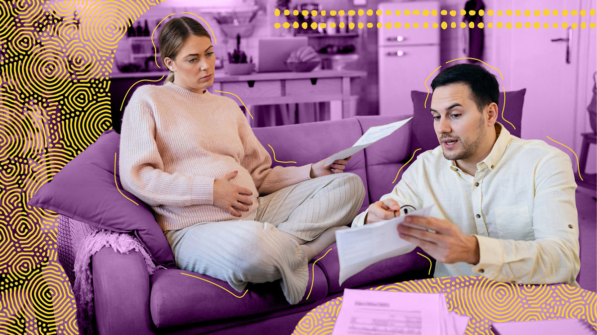 A pregnant woman and her husband preparing their taxes.