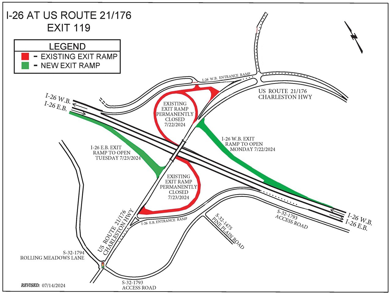 I-26 @ US Route 21/176 Exit 119 Existing exit closing and new ramps opening on 7/22.  