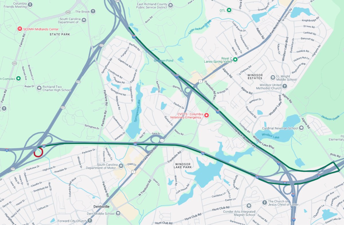 The detour utilizes alpine road and I-77.