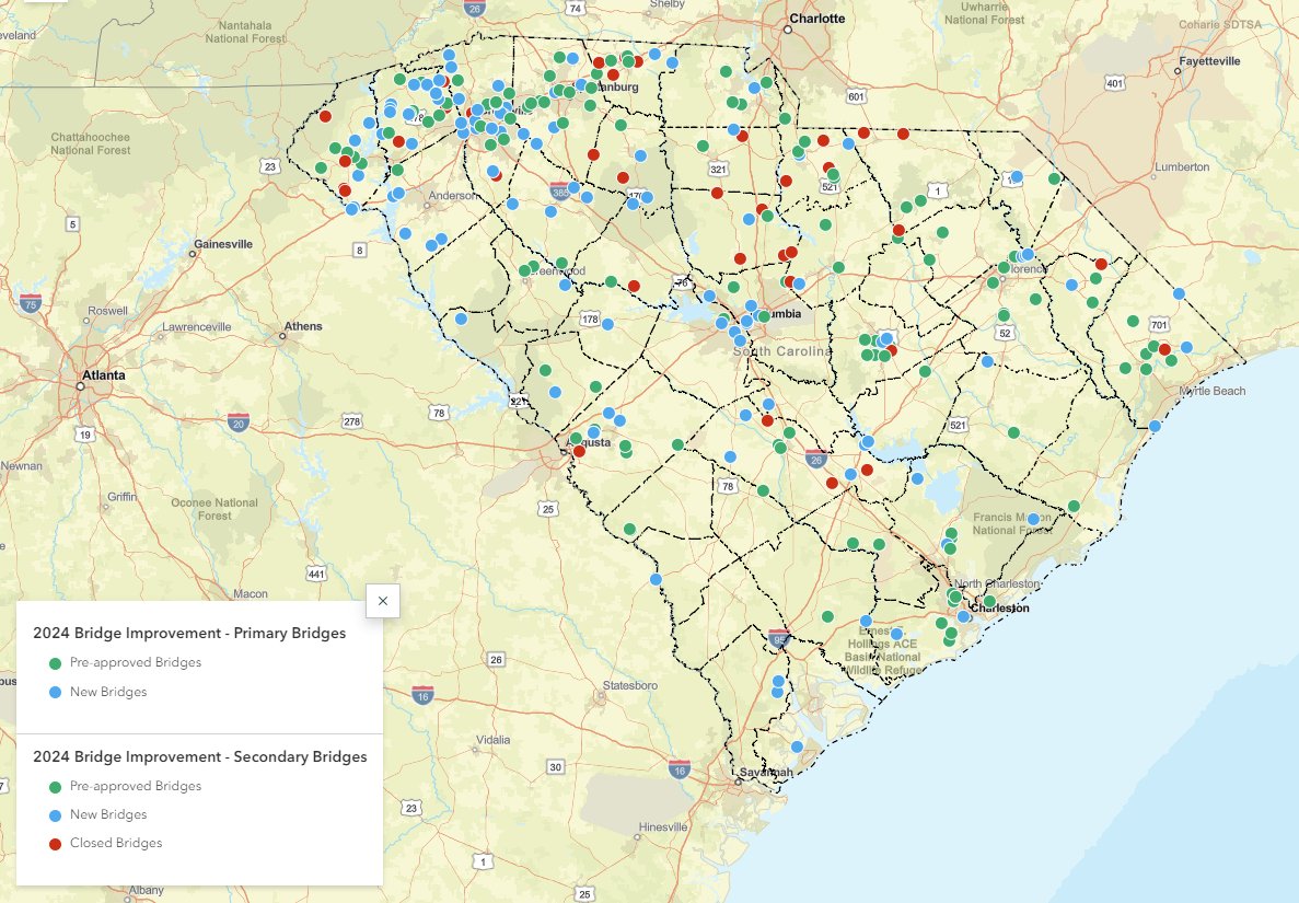 Map of SC with 2024 bridge improvement sites marked with dots