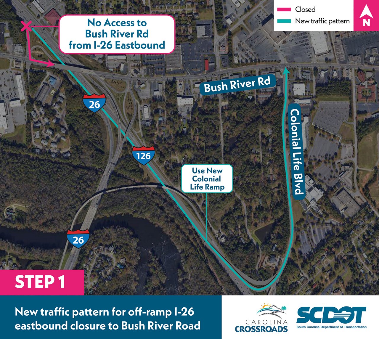 Drivers traveling from I-26 eastbound to Bush River Road will use the Colonial Life Boulevard exit. The new exit is about half a mile past the current Bush River Road exit, accessible from I-126 eastbound.