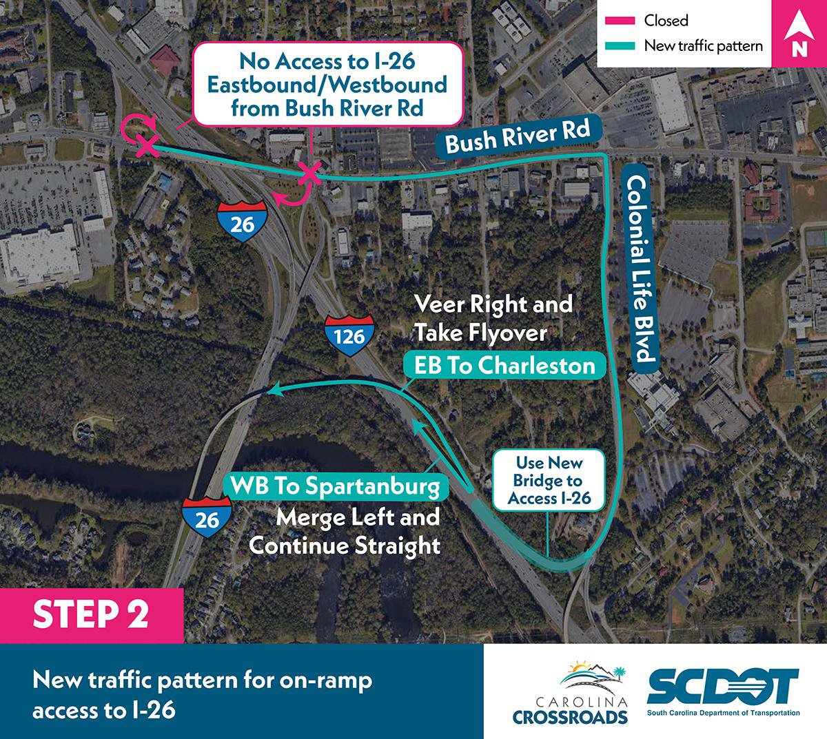 On-ramps to I-26 from Bush River Road will be permanently closed, and drivers will use the new Colonial Life Boulevard on-ramps to access I-26 from Bush River Road.