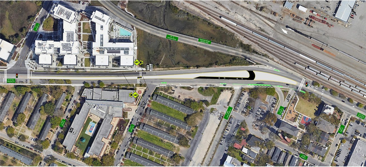 Aerial view of Morrison Drive between Johnson Street and Blake Street in Charleston, SC