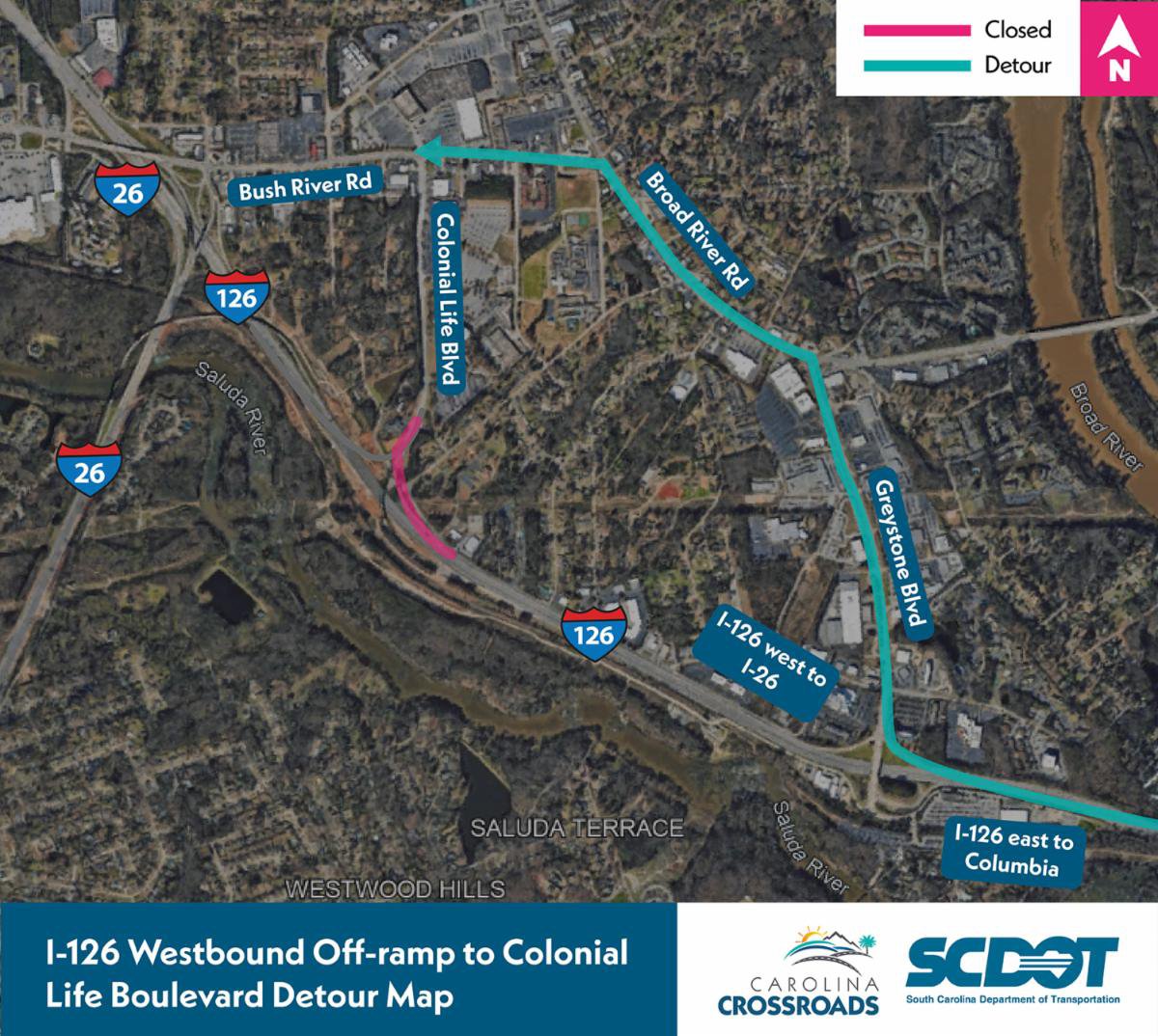 I-126 Westbound Off-ramp to Colonial Life Boulevard Detour Map