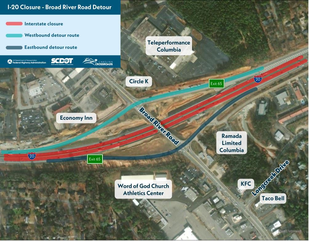 Traffic will be detoured using the Broad River Road intersection at Exit 65. Motorists will be directed to exit I-20 using the off-ramp to Broad River Road and continue through the intersection to enter the on-ramp back onto I-20.