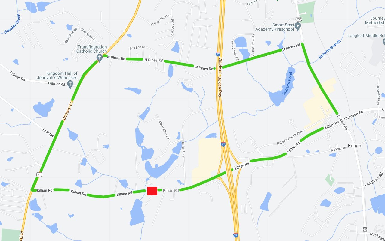 Map shows detour around work area on Killian road using US 21, North Pines Road, and Farrow Road. 
