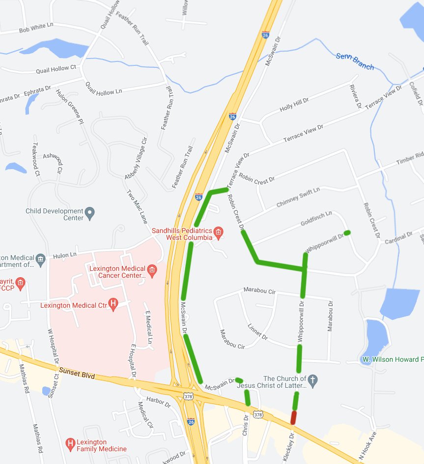 Map of the detour of the portion of Whippoorwill Drive at US 378 .