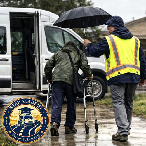 Helping elderly man to van