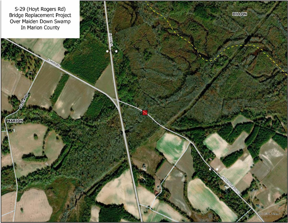 Aerial photograph of project area for Hoyt Rogers Road Bridge Replacement in Marion County