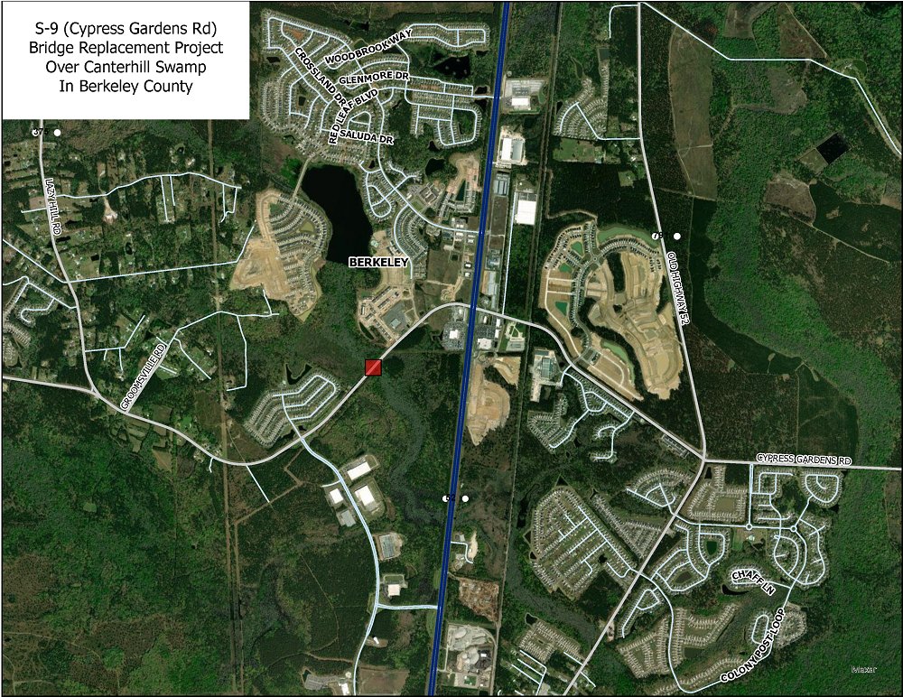 Aerial view of Cypress Gardens Rd Bridge Replacement Project area in Berkley county.