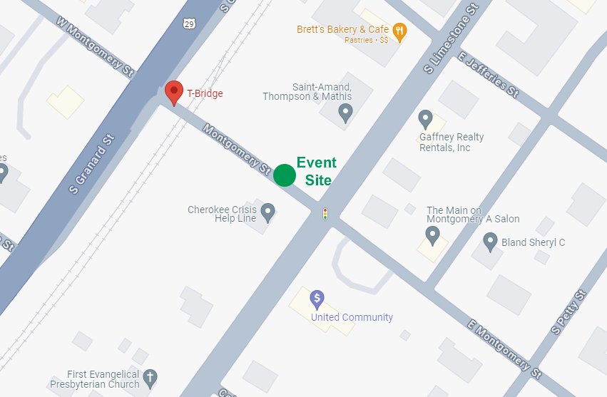 Map shows ribbon cutting event location at 100 West Montgomery Street in Gaffney.