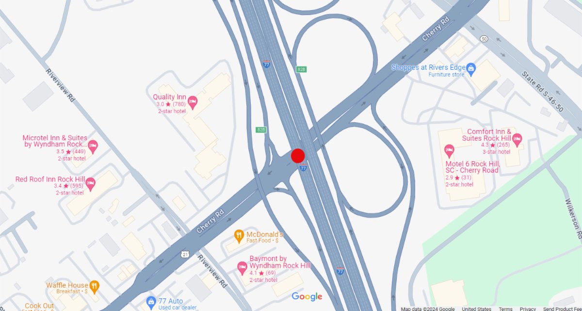 Map showing I-77 southbound bridge over Cherry Road in York County.