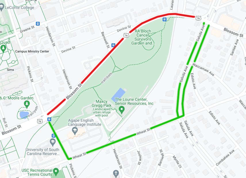 Blossom Street closure is from Pickens Street to Saluda Ave.  Use Pickens to Wheat to Saluda Avenue.