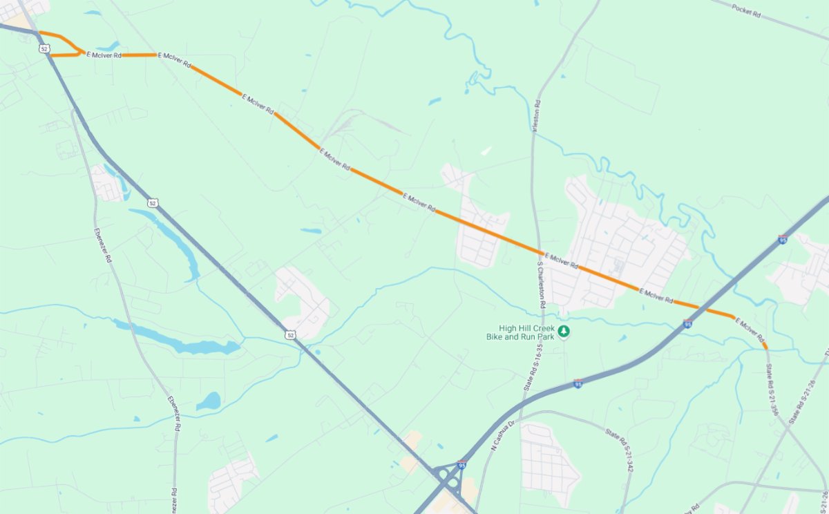 Map of temporary lane closures on McIver Road in Darlington County beginning November 4. 