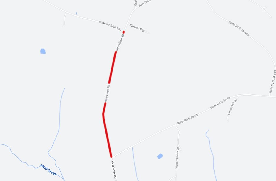 Map showing closure of  New Hope Road between Hughey Ferry Road (S-36-98) and Griffin Road (S-36-351) in Newberry County