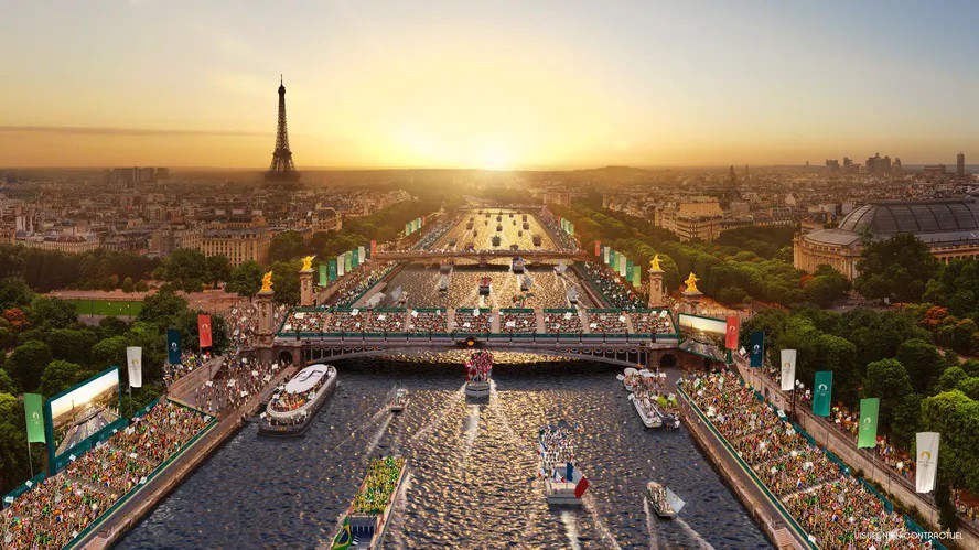 Ilustração de como será a cerimônia de abertura dos Jogos de Paris-2024