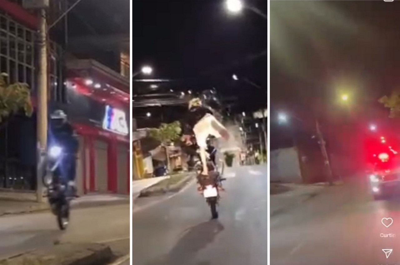 Grupo de motociclistas promovem manobras ilegais e perigosas de moto na avenida Benjamim Guimarães, em Contagem