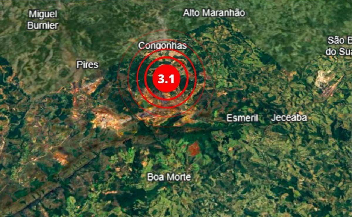 Imagem mostra o epicentro do tremor registrado em Congonhas