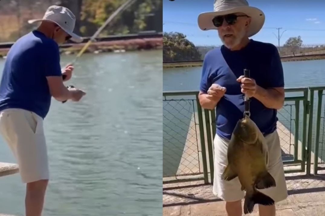 Lula pesca na Granja do Torto, uma das residências oficias da Presidência da República em Brasília.
