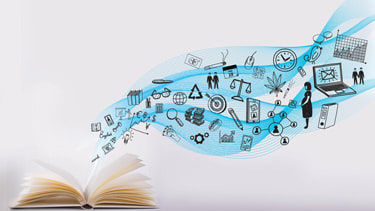 An open book with icons coming out of it.