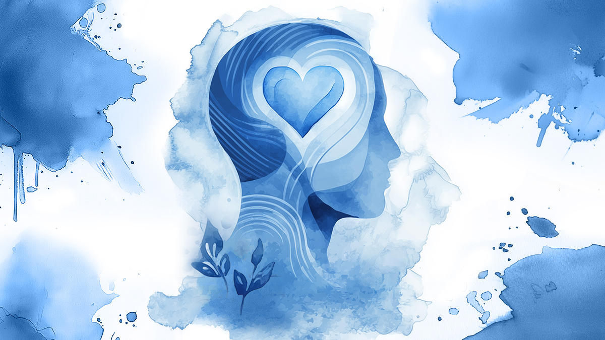 blue ink illustration of a head with a heart in it.