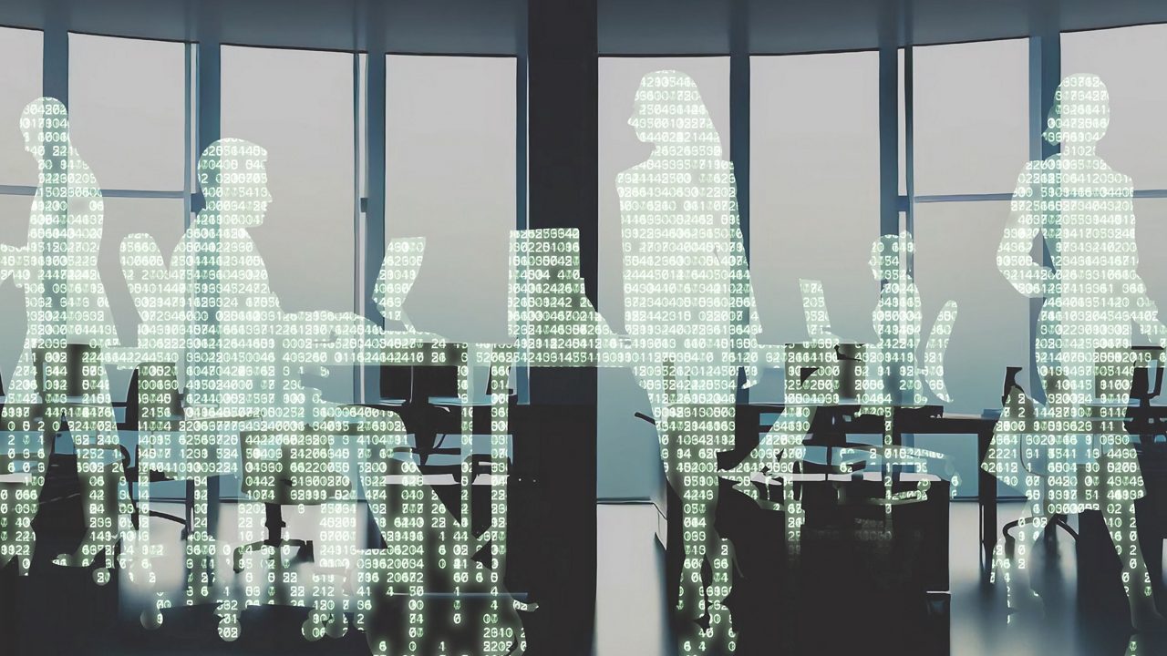 Silhouettes of people as green coding numbers 