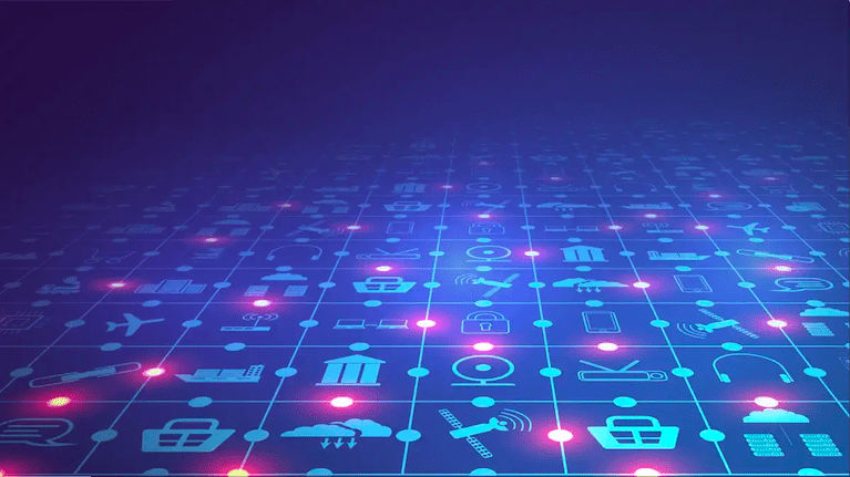 A blue background with a lot of icons on it.