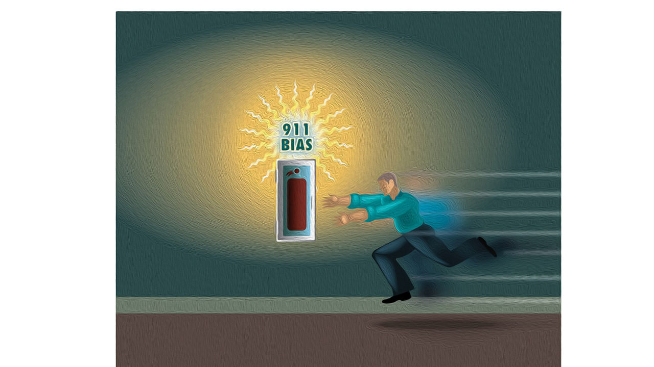 An illustration of a man running towards a light switch.
