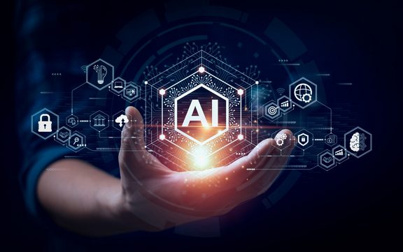 Businessman touching the brain working of Artificial Intelligence (AI) Automation, Predictive analytics, Customer service AI-powered chatbot, analyze customer data, business and technology