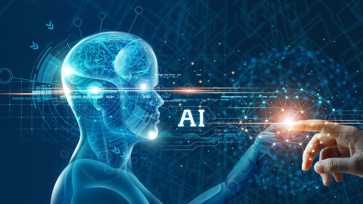 A hand is pointing at a computer screen with the word ai.