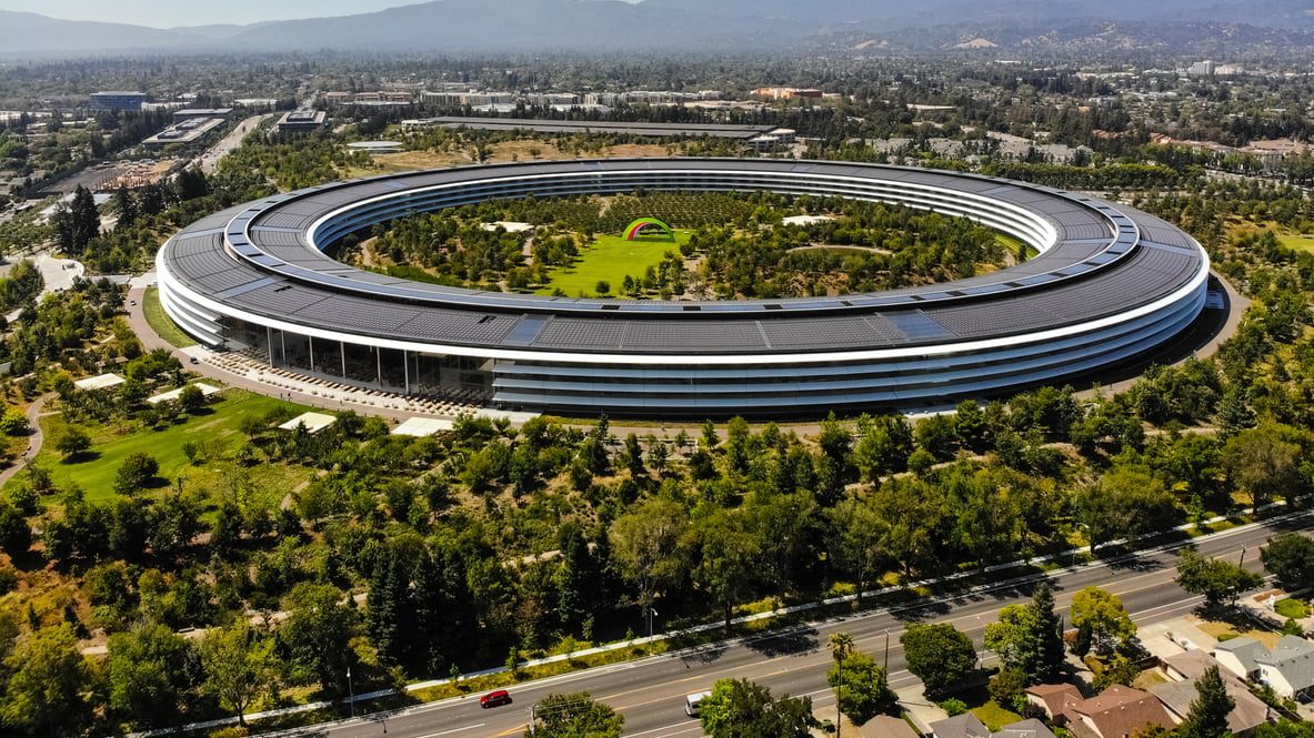 An aerial view of the apple campus in california.