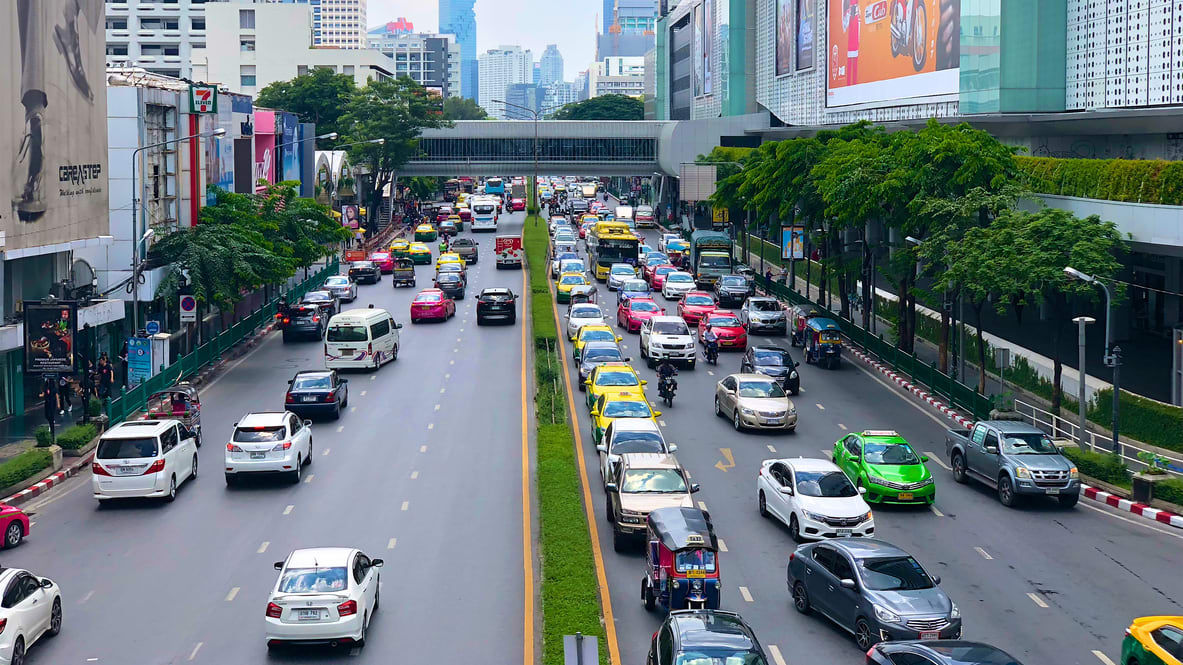 Traffic on a busy street in bangkok, thailand.