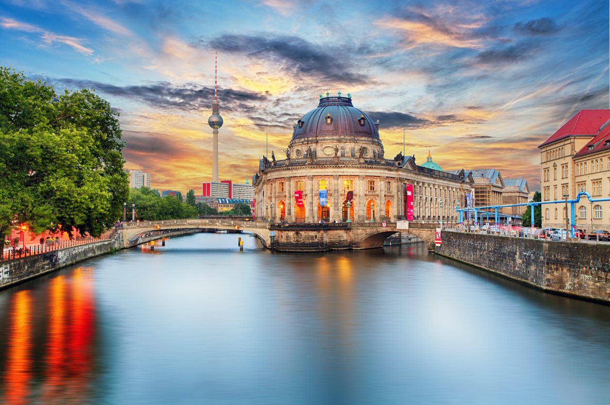 Museum island on Spree river and Alexanderplatz TV tower in center of Berlin, Germany