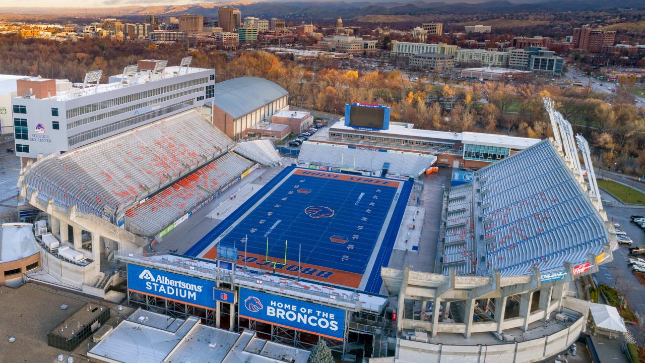 An aerial view of the broncos football stadium.