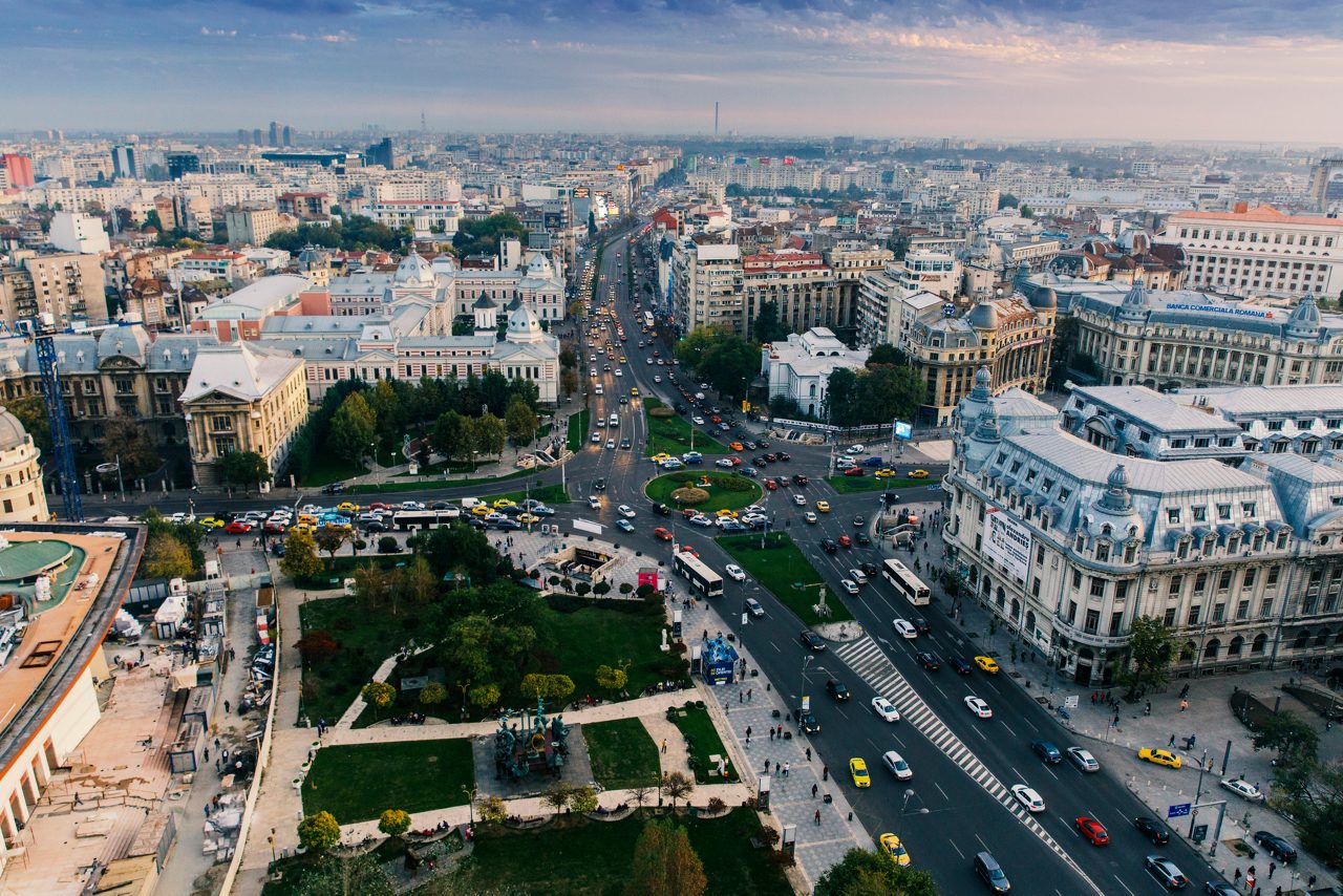 Aerial view  of University Square (Piata Universitatii)- Bucharest , Romania