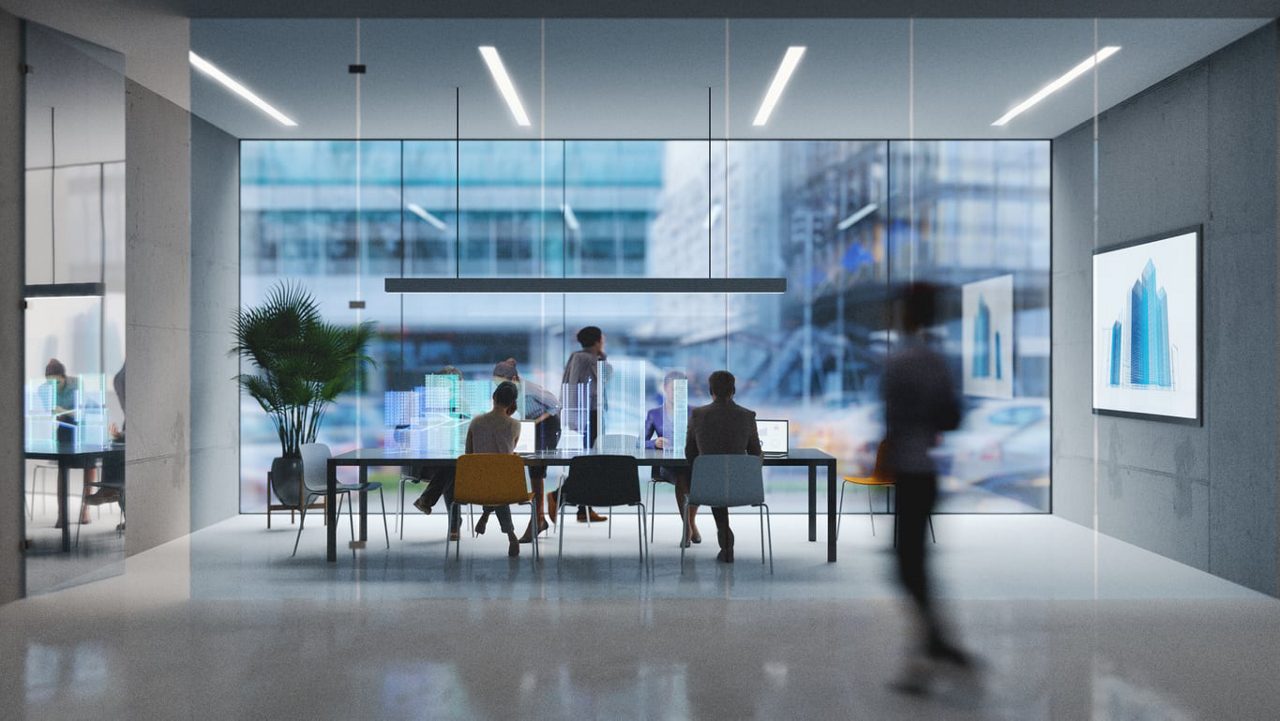3d rendering of a conference room with people sitting around a table.
