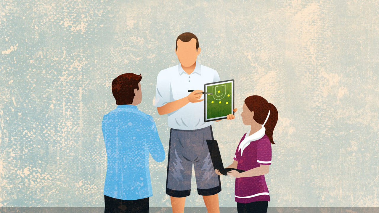 An illustration of a group of people talking to each other.